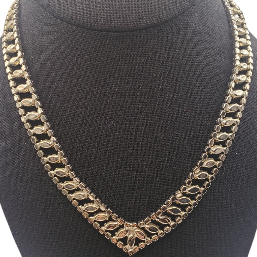 Vintage 1950's Clear Rhinestone & Black Onyx V Shaped Necklace - Picture 9 of 11